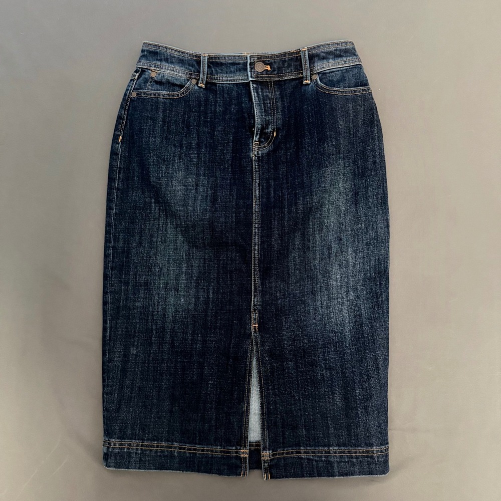 Talbots Denim Pencil Skirt Womens 4P Dark Wash Front Slit